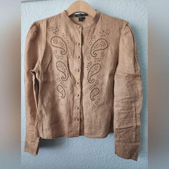 Ralph Lauren blouse linen eyelet  long sleeve bohemian peaseant cottagecore - Picture 5 of 10